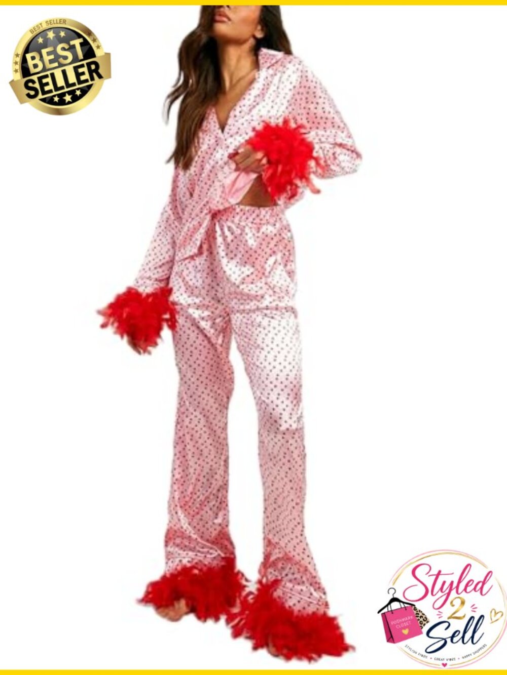 Satin Pajama Set Faux Feather Trim Long Sleeve Button Top Lounge Sleepwear